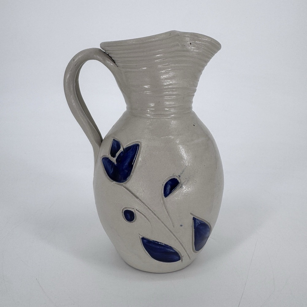 Vintage Williamsburg Pottery Salt Glaze Pitcher Cobalt Blue Tulip Leaf Farmhouse